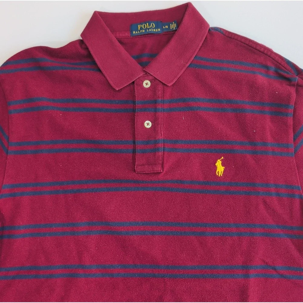 Ralph Lauren Polo Shirt Mens Large Maroon Navy Striped Cotton Preppy Campus L
